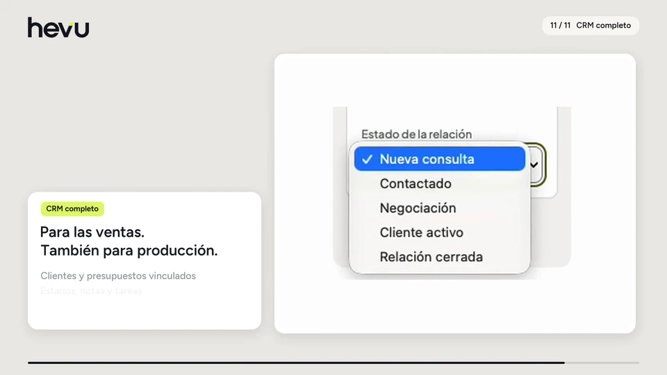 Para las ventas. También para producción. Clientes y presupuestos vinculados Estados, notas y tareas Flujos de trabajo conectados