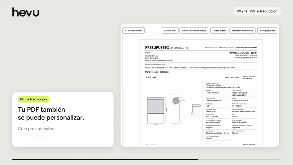 Tu PDF también se puede personalizar. Crea presupuestos en 28 idiomas.