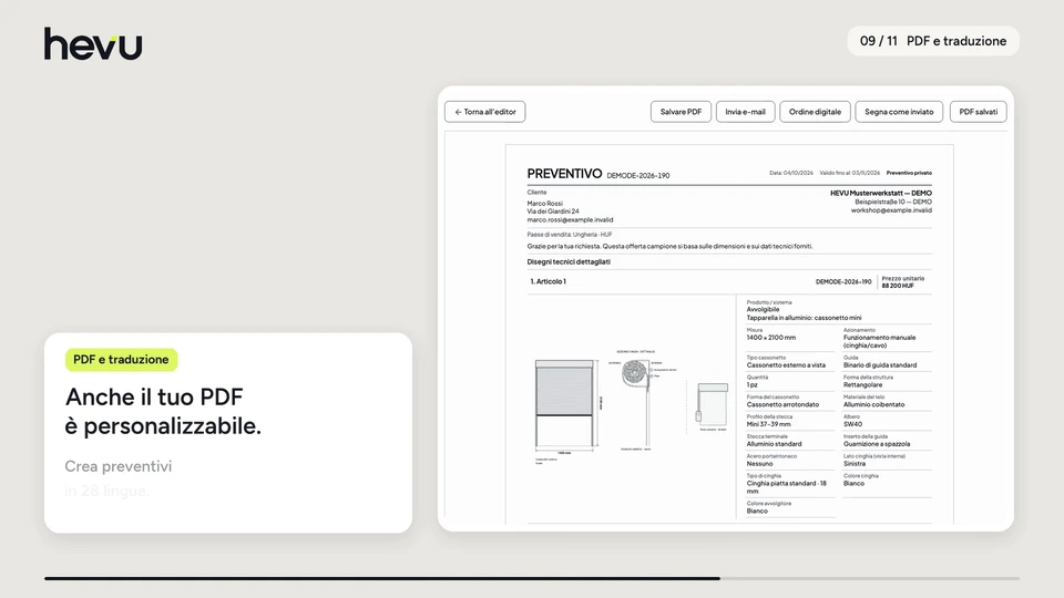 Anche il tuo PDF è personalizzabile. Crea preventivi in 28 lingue.