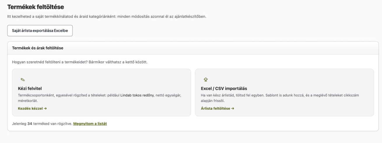 Saját árlista, Excel- és CSV-import
